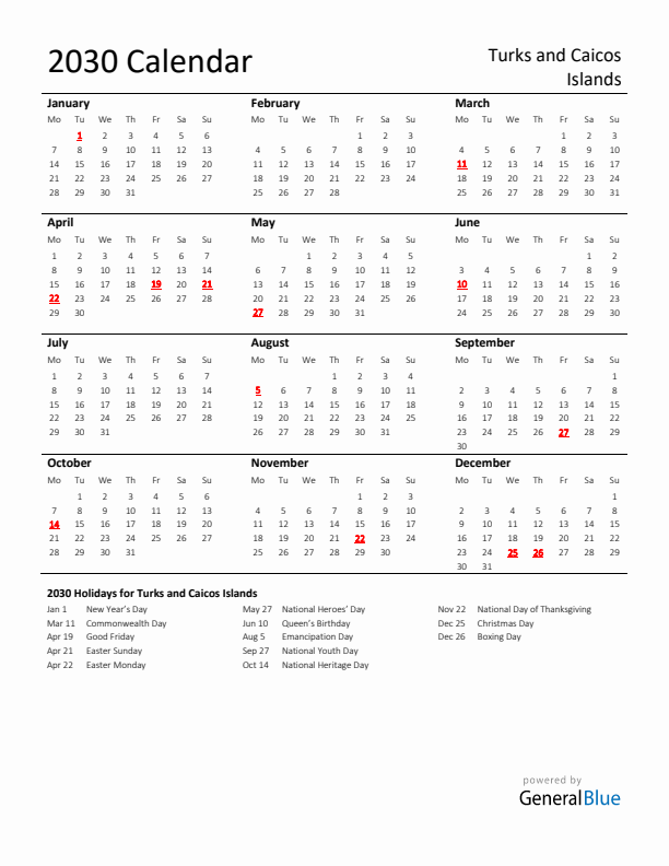 Standard Holiday Calendar for 2030 with Turks and Caicos Islands Holidays 