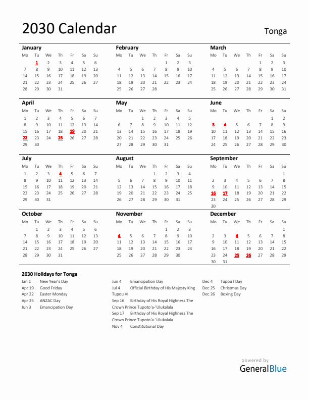 Standard Holiday Calendar for 2030 with Tonga Holidays 