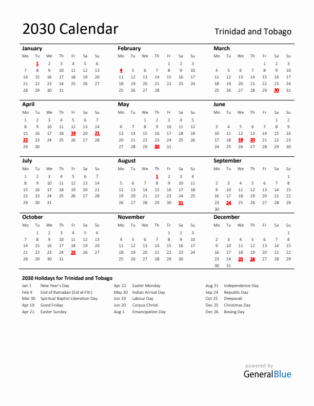Standard Holiday Calendar for 2030 with Trinidad and Tobago Holidays 