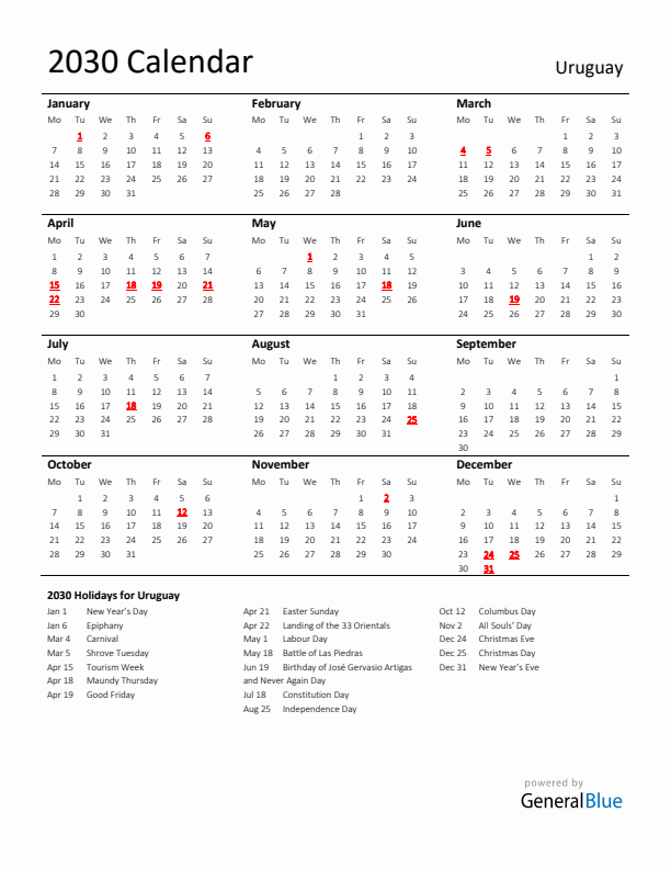 Standard Holiday Calendar for 2030 with Uruguay Holidays