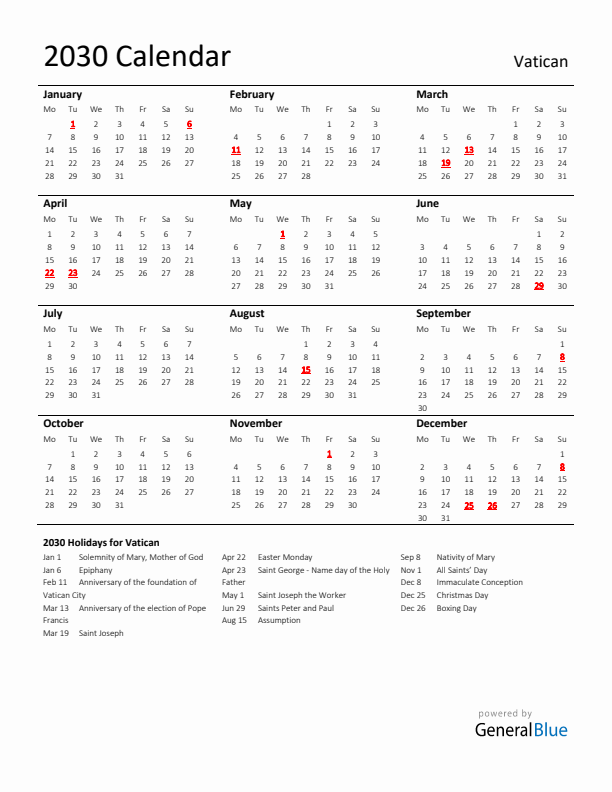 Standard Holiday Calendar for 2030 with Vatican Holidays