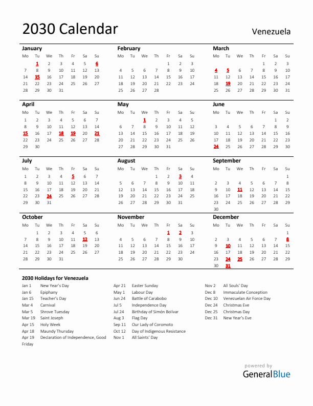 Standard Holiday Calendar for 2030 with Venezuela Holidays