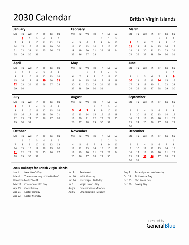 Standard Holiday Calendar for 2030 with British Virgin Islands Holidays 