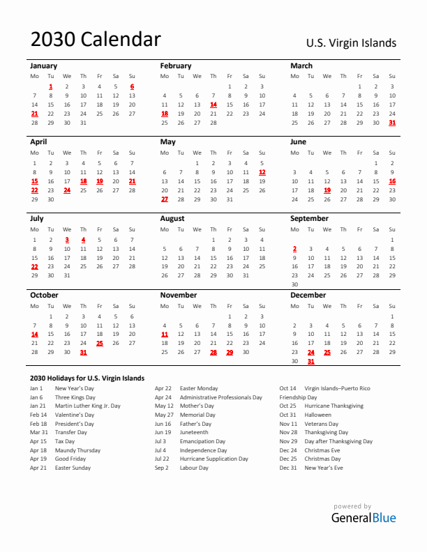 Standard Holiday Calendar for 2030 with U.S. Virgin Islands Holidays 
