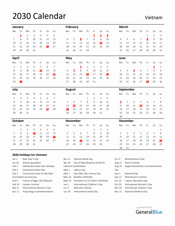 Standard Holiday Calendar for 2030 with Vietnam Holidays