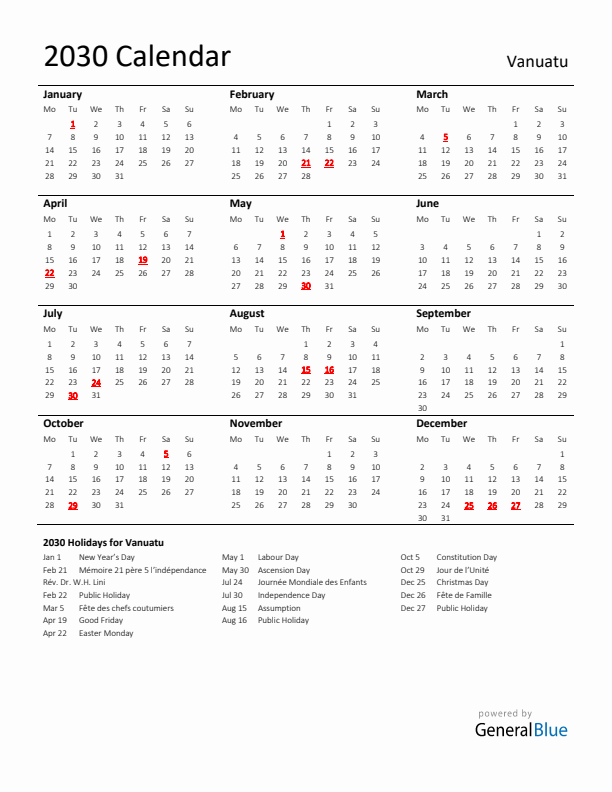 Standard Holiday Calendar for 2030 with Vanuatu Holidays 