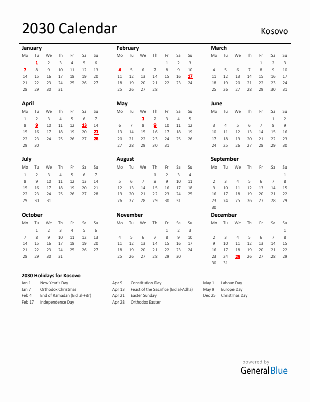 Standard Holiday Calendar for 2030 with Kosovo Holidays