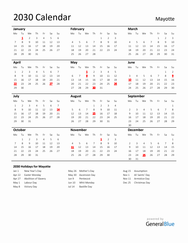 Standard Holiday Calendar for 2030 with Mayotte Holidays