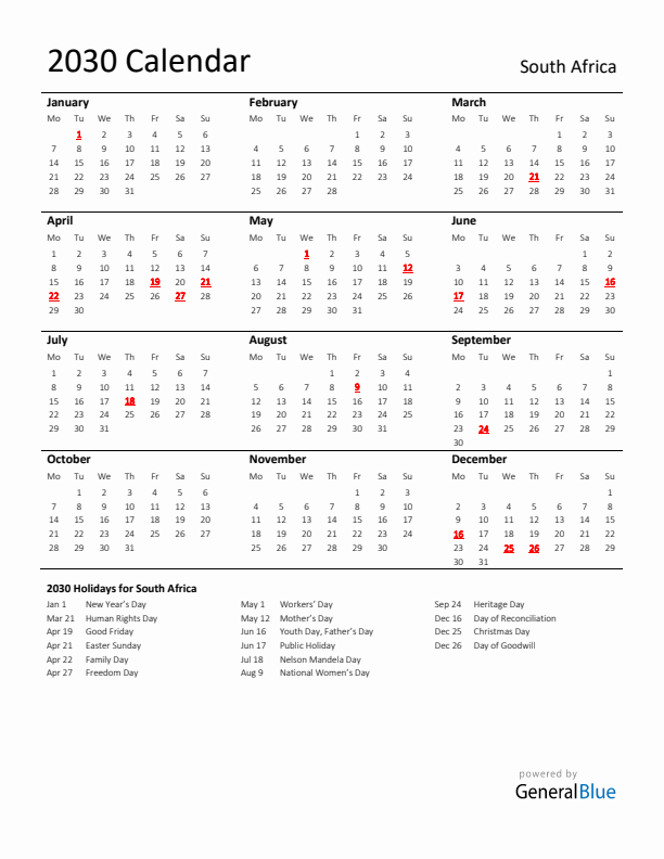 Standard Holiday Calendar for 2030 with South Africa Holidays