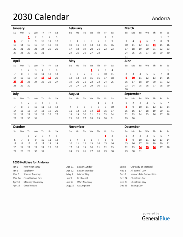 Standard Holiday Calendar for 2030 with Andorra Holidays