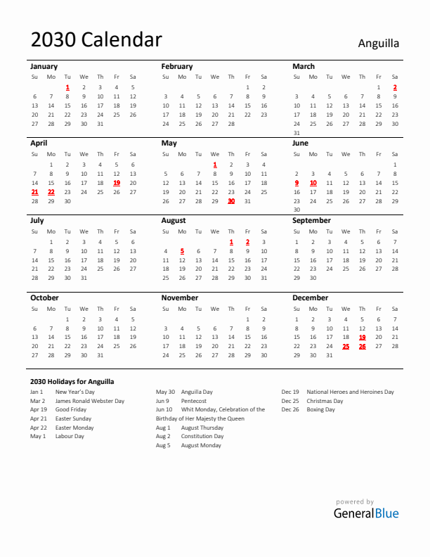 Standard Holiday Calendar for 2030 with Anguilla Holidays