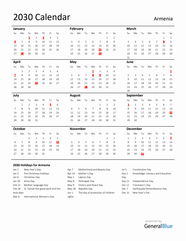 Standard Holiday Calendar for 2030 with Armenia Holidays
