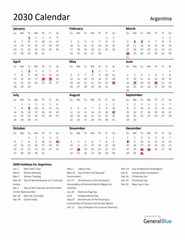 Standard Holiday Calendar for 2030 with Argentina Holidays 