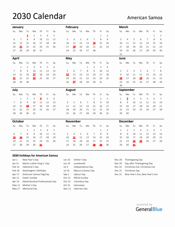 Standard Holiday Calendar for 2030 with American Samoa Holidays 