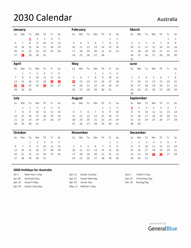 Standard Holiday Calendar for 2030 with Australia Holidays