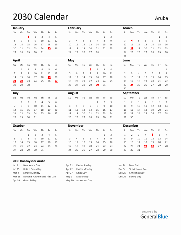 Standard Holiday Calendar for 2030 with Aruba Holidays