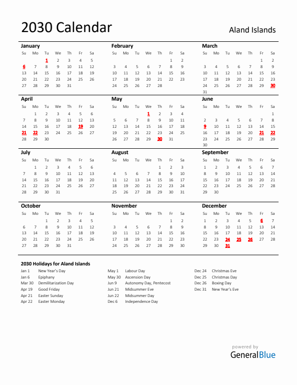 Standard Holiday Calendar for 2030 with Aland Islands Holidays