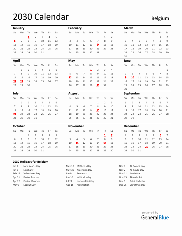Standard Holiday Calendar for 2030 with Belgium Holidays