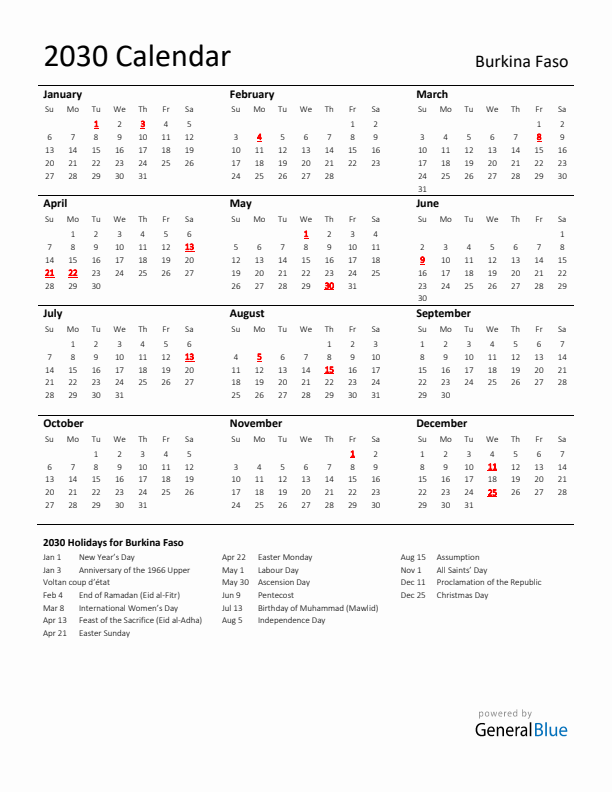 Standard Holiday Calendar for 2030 with Burkina Faso Holidays