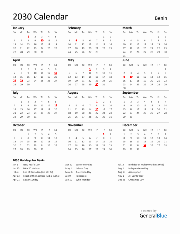 Standard Holiday Calendar for 2030 with Benin Holidays