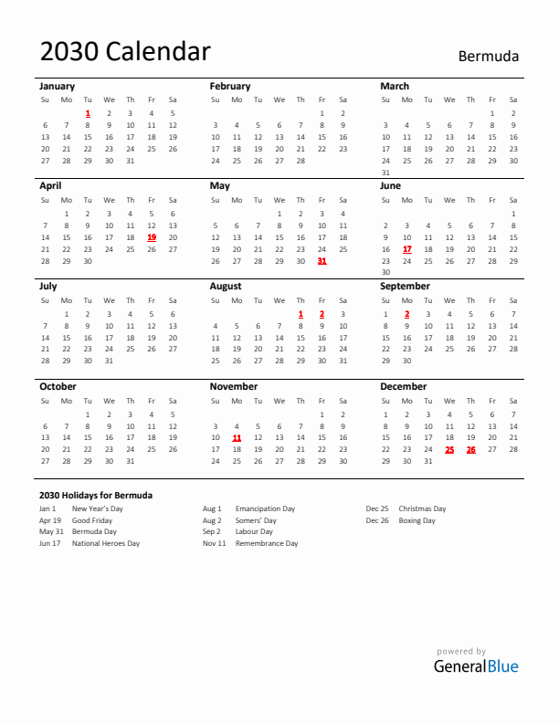 Standard Holiday Calendar for 2030 with Bermuda Holidays