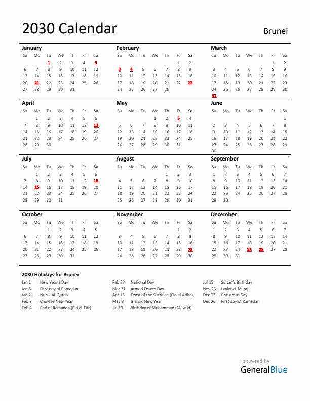 Standard Holiday Calendar for 2030 with Brunei Holidays