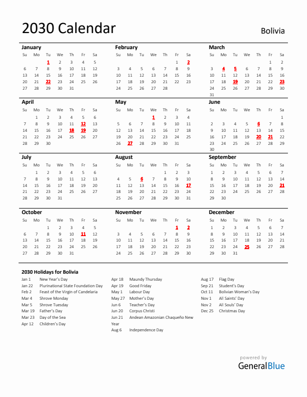 Standard Holiday Calendar for 2030 with Bolivia Holidays