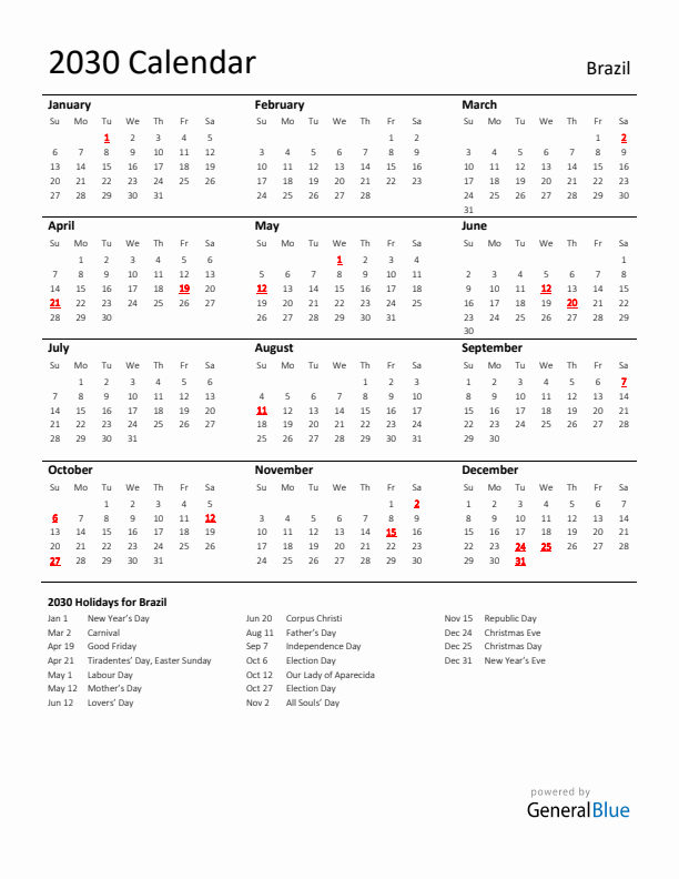 Standard Holiday Calendar for 2030 with Brazil Holidays