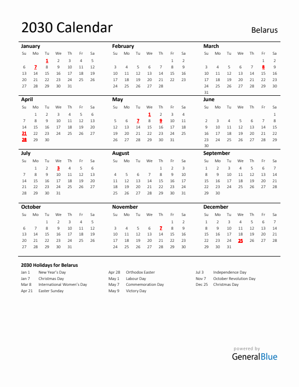 Standard Holiday Calendar for 2030 with Belarus Holidays