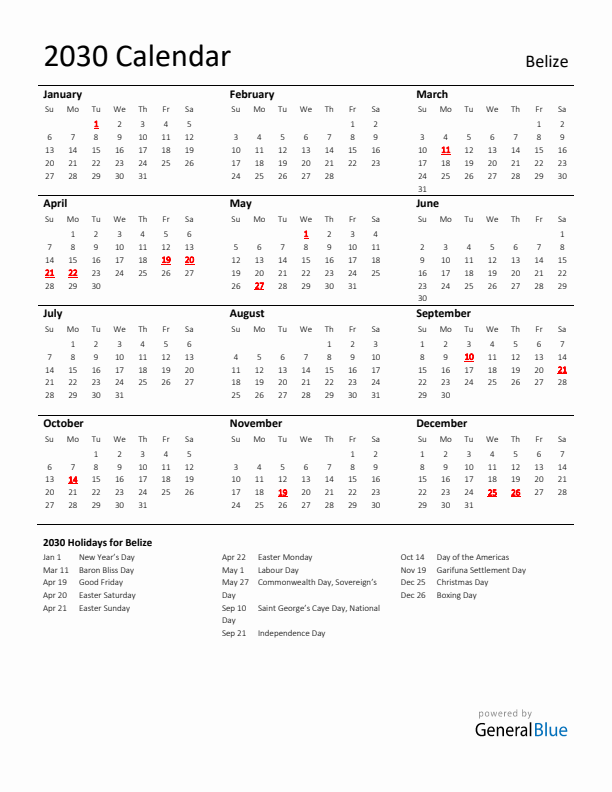 Standard Holiday Calendar for 2030 with Belize Holidays