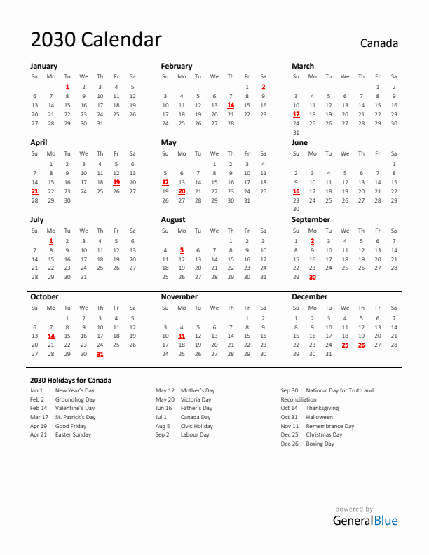 Standard Holiday Calendar for 2030 with Canada Holidays