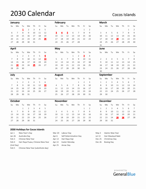 Standard Holiday Calendar for 2030 with Cocos Islands Holidays