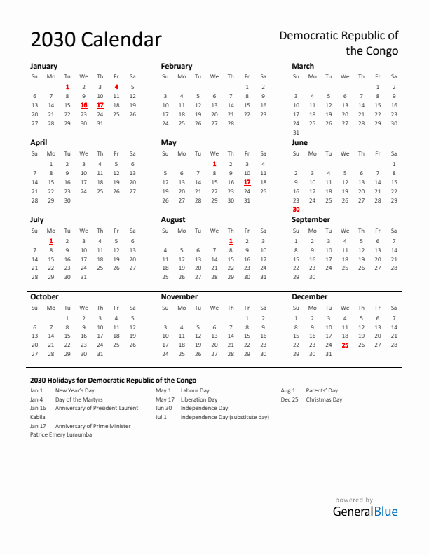 Standard Holiday Calendar for 2030 with Democratic Republic of the Congo Holidays 