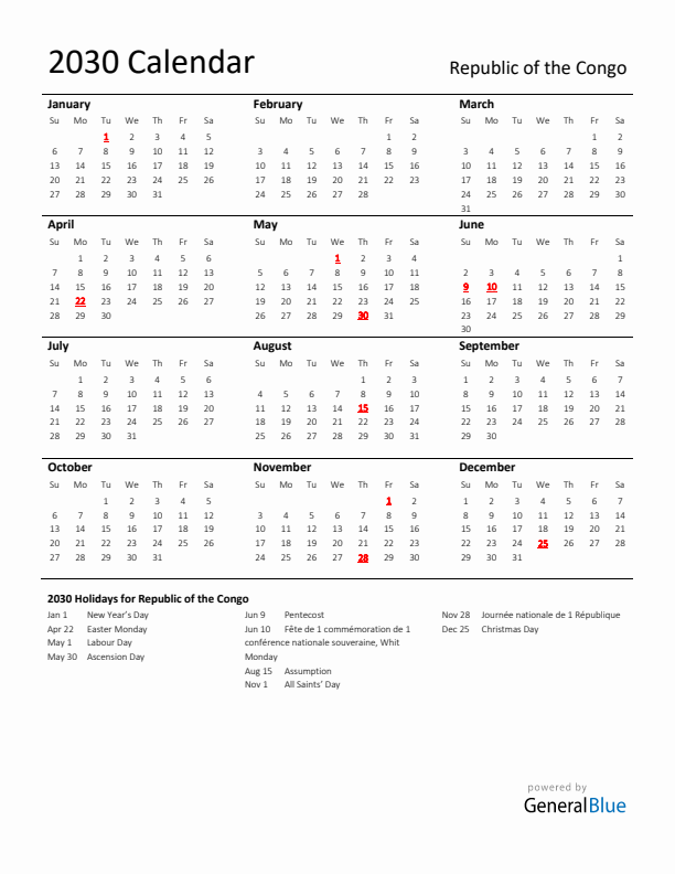Standard Holiday Calendar for 2030 with Republic of the Congo Holidays 