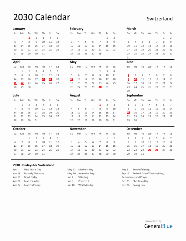 Standard Holiday Calendar for 2030 with Switzerland Holidays
