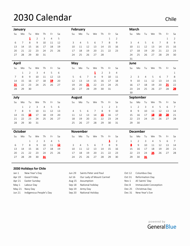 Standard Holiday Calendar for 2030 with Chile Holidays