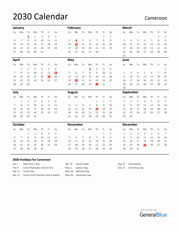 Standard Holiday Calendar for 2030 with Cameroon Holidays