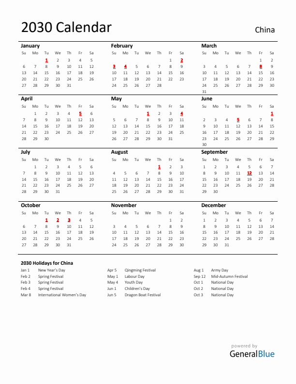 Standard Holiday Calendar for 2030 with China Holidays