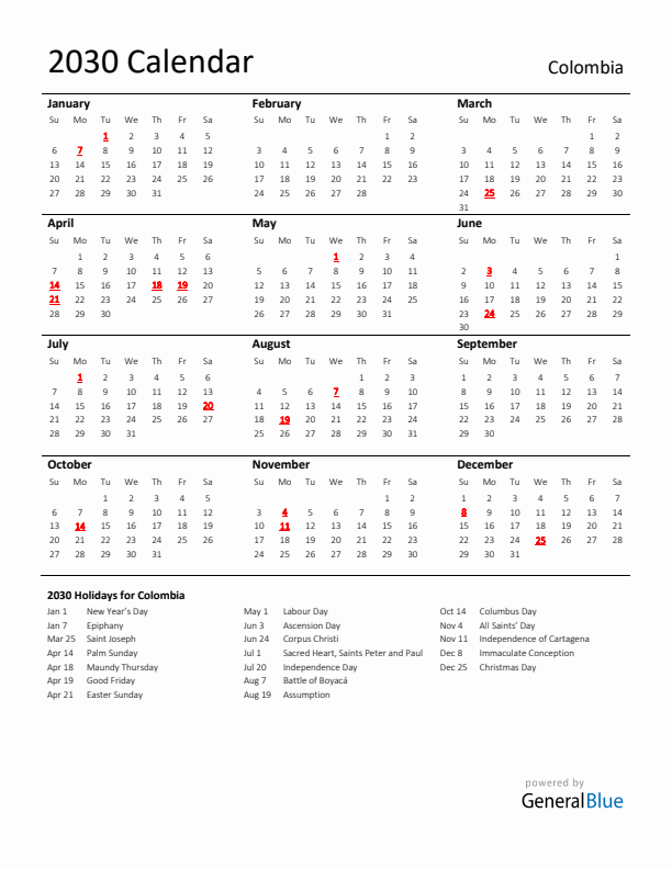 Standard Holiday Calendar for 2030 with Colombia Holidays