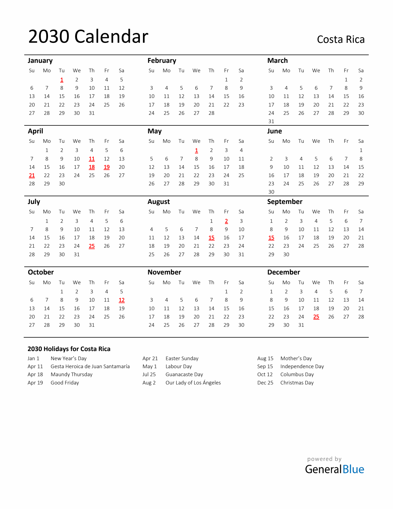 Standard Holiday Calendar for 2030 with Costa Rica Holidays
