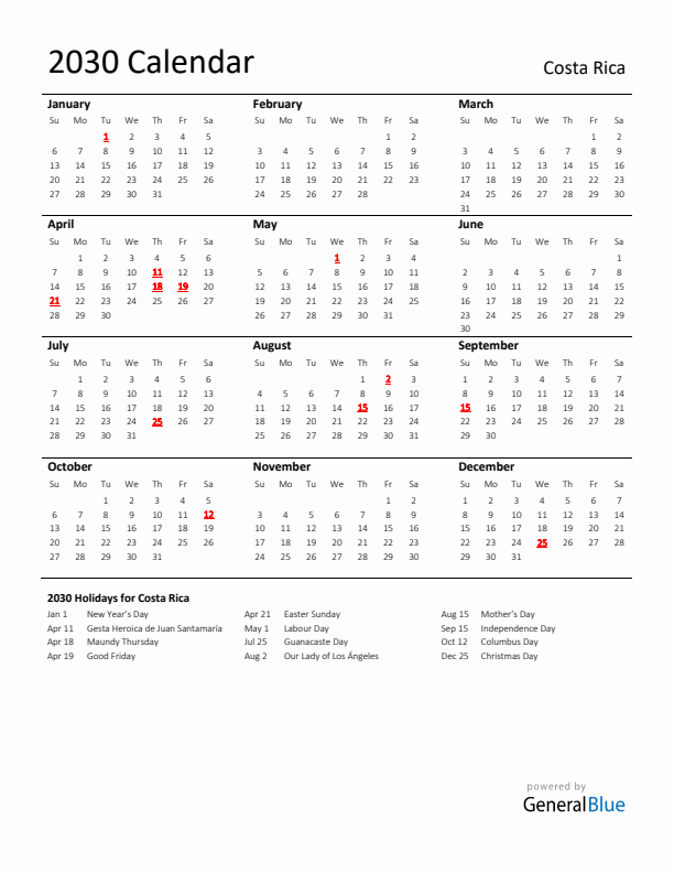 Standard Holiday Calendar for 2030 with Costa Rica Holidays