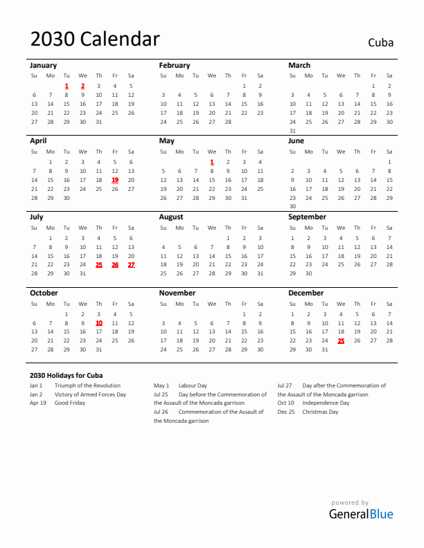 Standard Holiday Calendar for 2030 with Cuba Holidays