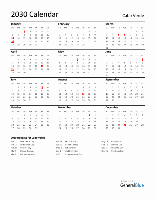 Standard Holiday Calendar for 2030 with Cabo Verde Holidays