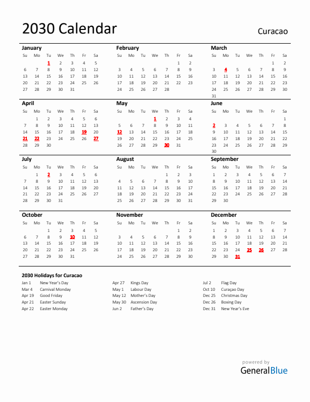 Standard Holiday Calendar for 2030 with Curacao Holidays