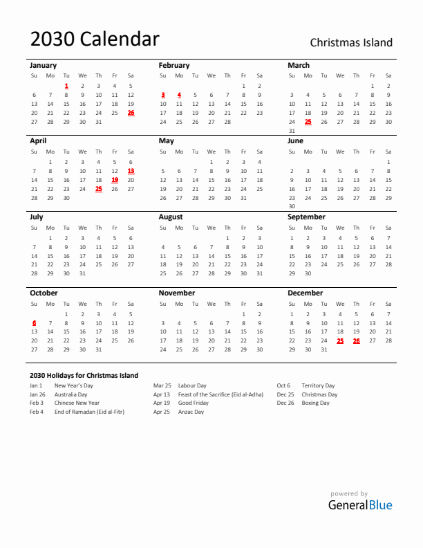 Standard Holiday Calendar for 2030 with Christmas Island Holidays
