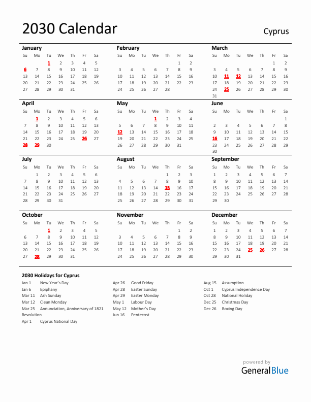 Standard Holiday Calendar for 2030 with Cyprus Holidays