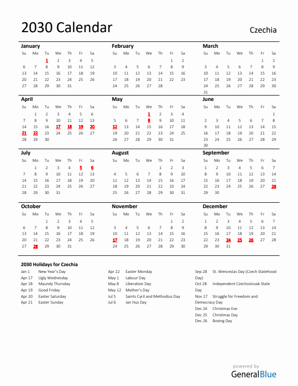 Standard Holiday Calendar for 2030 with Czechia Holidays 