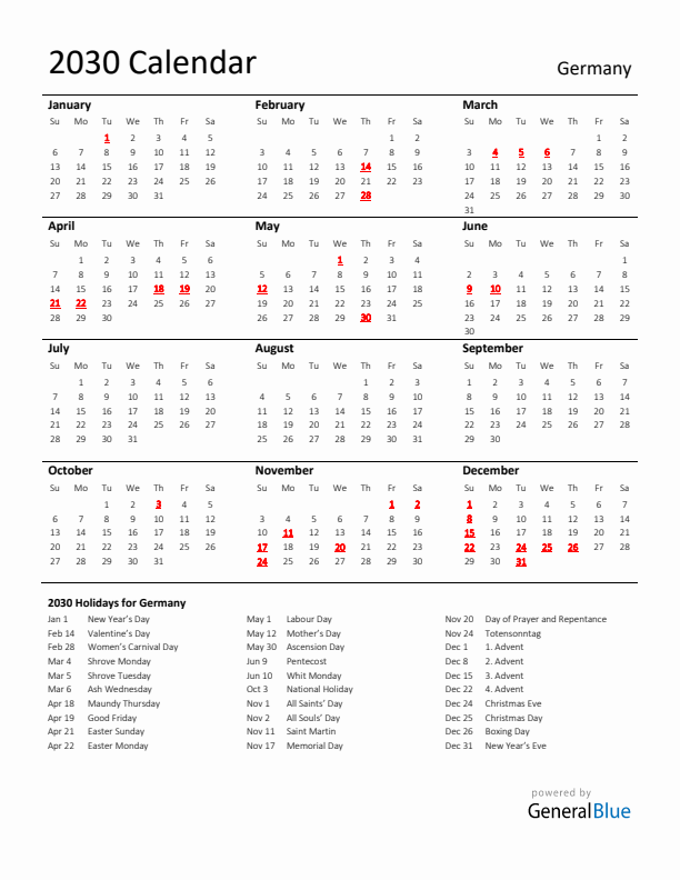 Standard Holiday Calendar for 2030 with Germany Holidays