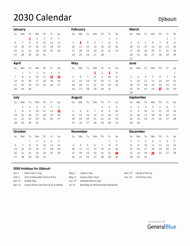 Standard Holiday Calendar for 2030 with Djibouti Holidays 