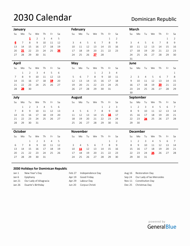 Standard Holiday Calendar for 2030 with Dominican Republic Holidays